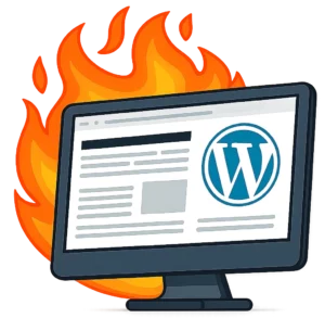 A monitor showing a hacked WordPress site with flames behind it