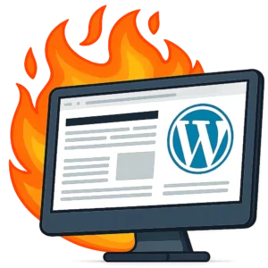 A monitor showing a hacked WordPress site with flames behind it